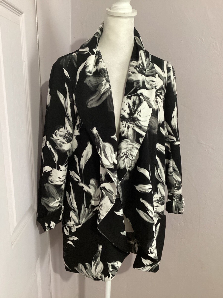 Carolina Belle Montreal Floral Open Front Blazer Jacket Black White S