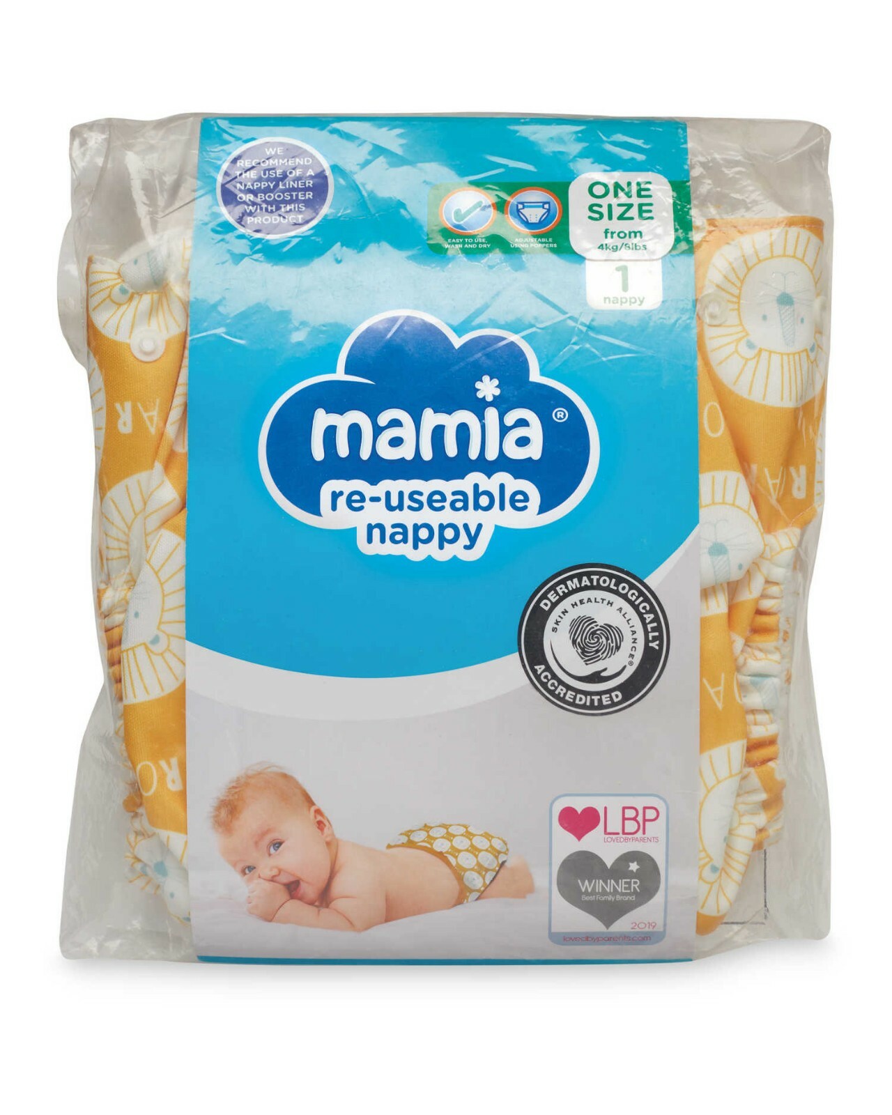 Mamia Reusable Cloth Nappy Lion Print Baby One Size From 4kg