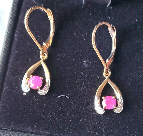 14k Solid Gold 5/8 ct.t.w. Ruby 1/10 ct.t.w. Diamond Wishbone Drop Earrings New - Picture 6 of 10