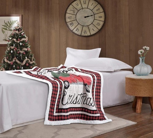 Red Pickup Truck Roads Home Christmas Virah Bella Quilted Sherpa Throw Blanket - Picture 6 of 6