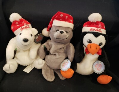 Coca Cola Christmas Bean Bag Plushies, Polar Bear, Seal and Penguin, 1997