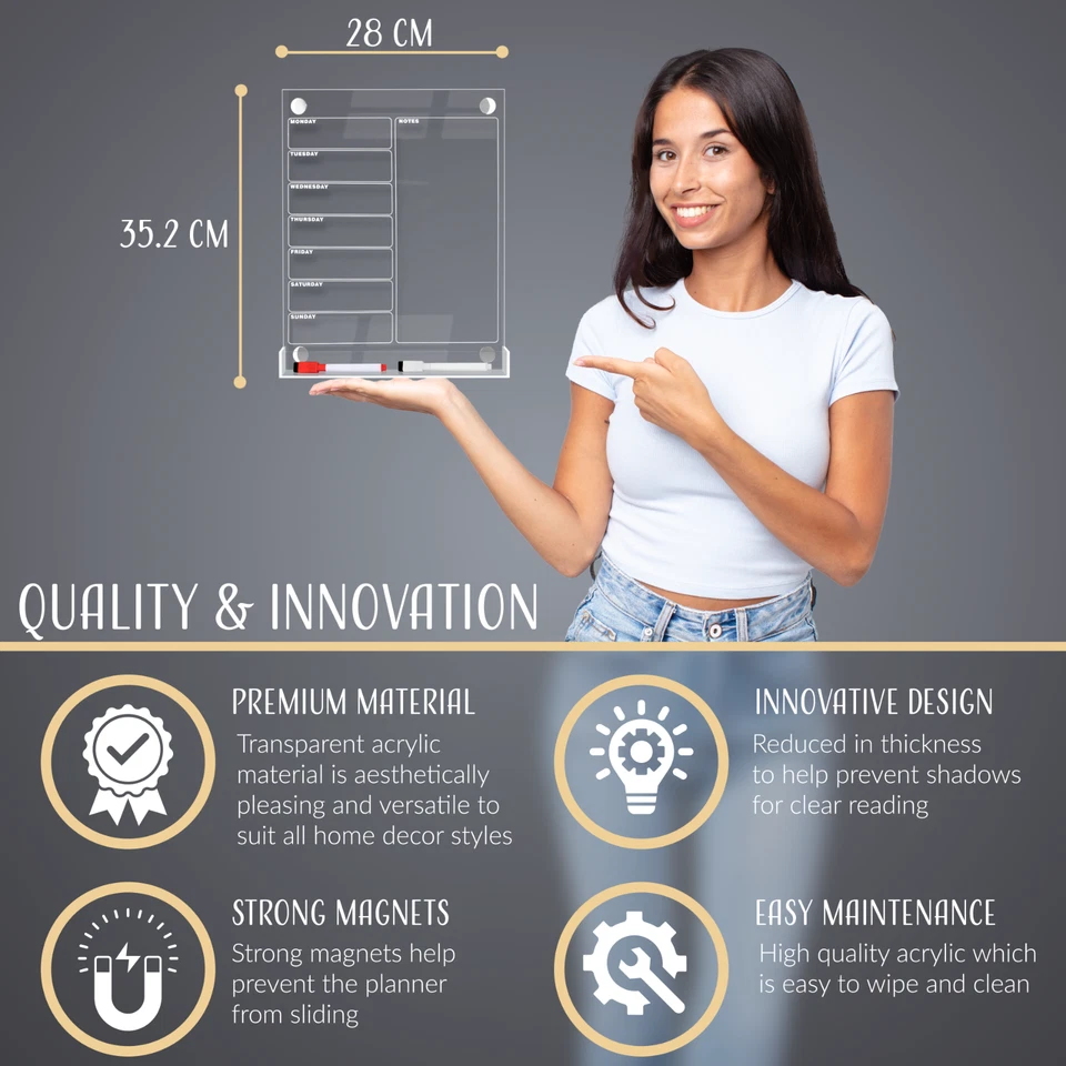 Acrylic Magnetic Fridge Planner with Pen Holder, Clear Weekly Meal Planner Board - Image 4 of 4