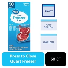Great Value Freezer Guard Double Zipper Freezer Bags, Quart, 50 Count