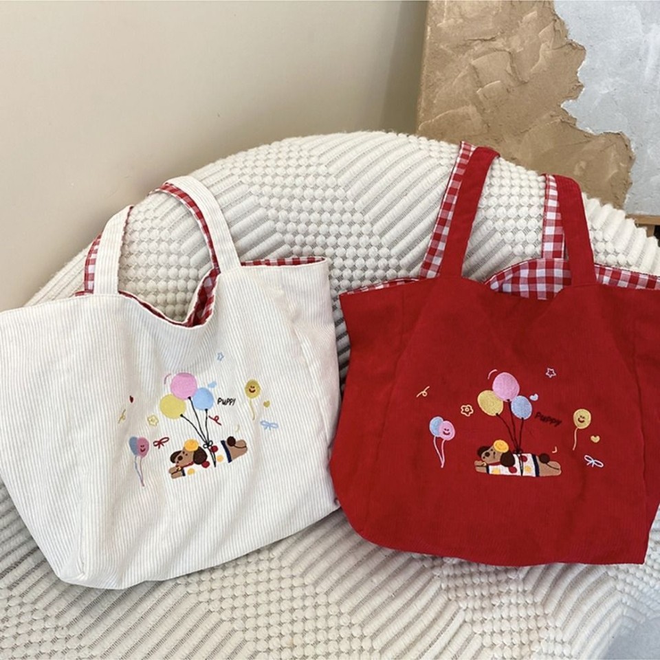 Doublesided Print Shoulder Bag Cute Embroidered Puppy Travel Fabric