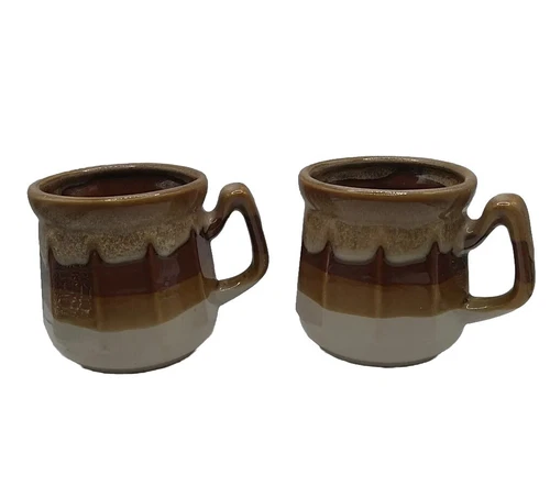 Vintage Art Pottery Tri-Color Brown Drip Glaze Faceted Coffee Cups Mugs Taiwan
