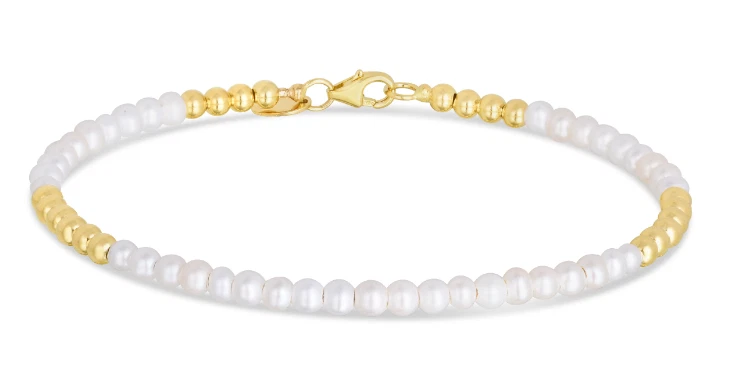 Brazalete Brazalete Oro Amarillo 14k Redondo CUENTAS y Eslabones PERLA 3mm 7" 4.6 gramos