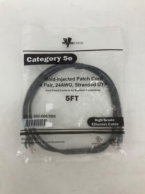 5FT Black Vertical Cable 092-606/5BK Mold-Injected Patch Cord 24AWG 4-Pair NEW