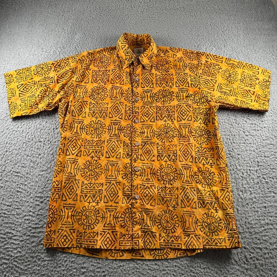 The Territory Ahead 衬衫男式 M 黄色橙色部落印花短袖棉质 — 第 2/4 张图片