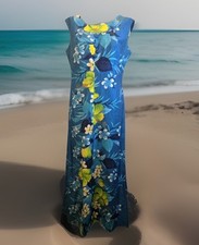 VTG 1960  s Sears Hawaiian Fashions Blue Floral Tiki Sleeveless Maxi Dress S/M