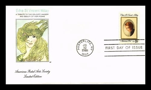US COVER FIRST DAY OF ISSUE EDNA ST VINCENT MILLAY AMERICAN POET