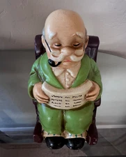 VINTAGE 1970'S CERAMIC GRANDPA IN ROCKING CHAIR MUSIC BOX SANKYO JAPAN, WORKS!