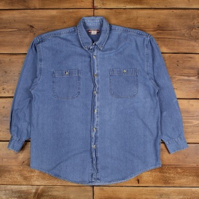 Vintage North Crest Jeanshemd Knopf L Herren Langarm Blau Einfarbig