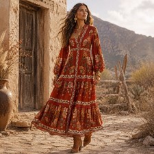 Farm Rio Red Garden Delight Floral Tiered Maxi Dress Women S Boho Western Prarie