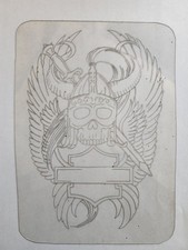 1980's Vintage Tattoo Flash Acetate 6x8 Viking Skull Sword Wings Harley Davidson