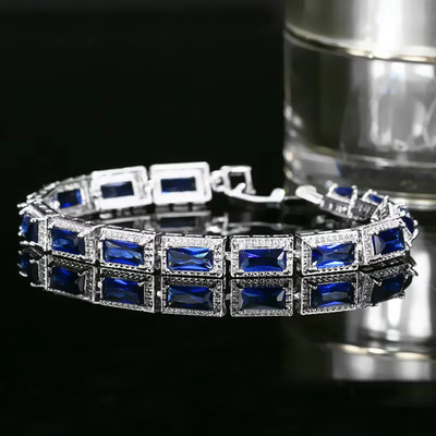 10Ct Emerald Cut Lab Created Blue Sapphire Tennis Bracelet 14K White Gold Plated