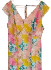 90s Watercolor Large Floral Maxi Dress Flutter Front Sleeves Ties Textured Flowy