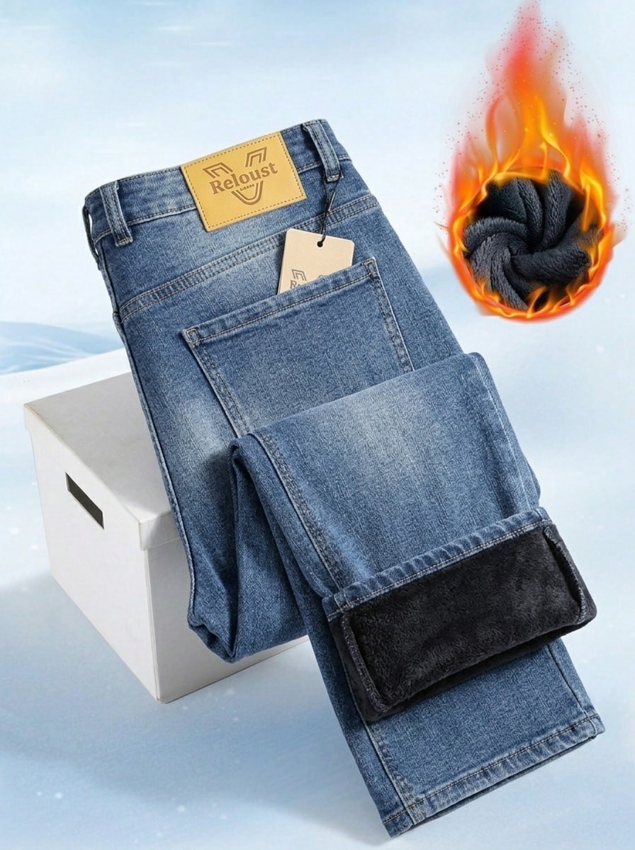 Men's Fleece Lined Jeans Winter Warm Stretch Straight Leg Denim Pants