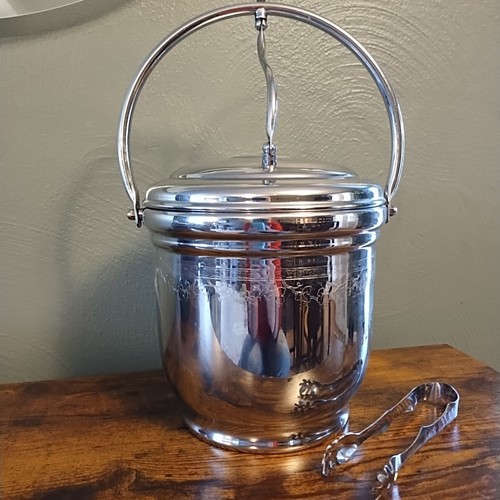 Vintage Hinged Ice Bucket United Chromium on Solid Brass Glass Insert Tongs - Picture 1 of 11