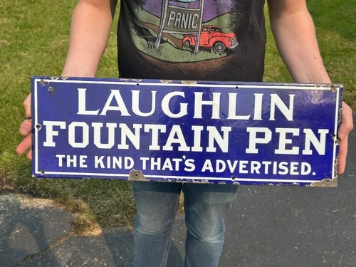 RARE Vintage 1920s Laughlin Fountain Pen Porcelain Advertising Sign