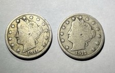 2 Liberty V Nickel Coins With Partial Liberty. A 1911 And A 1912