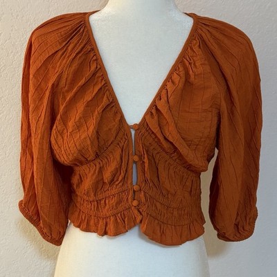 Mango Women s Orange Puff Sleeve Cropped Ruched Top Blouse Size 4