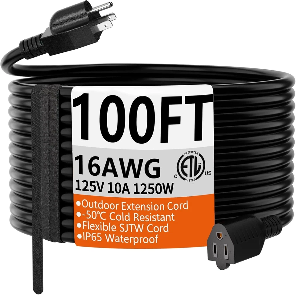 HUANCHAIN 100 FT 16 Gauge Black Indoor Outdoor Extension Cord 100 FT,