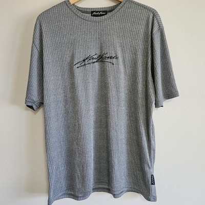 Karl Kani Men's Gray Knit Ribbed Embroidered Logo Crew Neck T-Shirt L Polyester