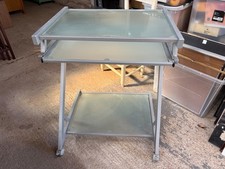 Metal Glass Computer Desk Grey with Pull out Shelf & Storage on Castors