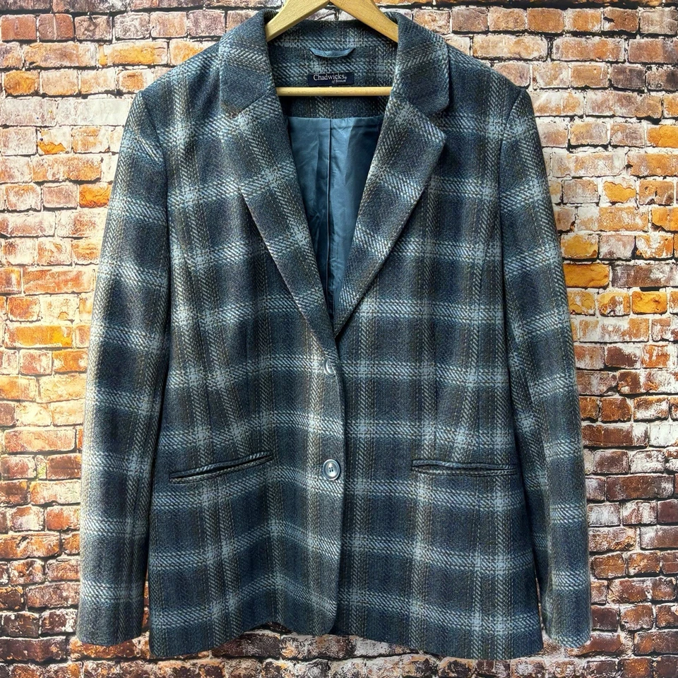 Blazer Chadwicks para mujer talla 14 W tartán chaqueta a cuadros mezcla de lana azul gris Foto 3 de 4