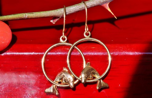 14k rose gold earrings 1.12" dolphin dangle vintage handmade 0.6gr N2817 - Picture 10 of 12