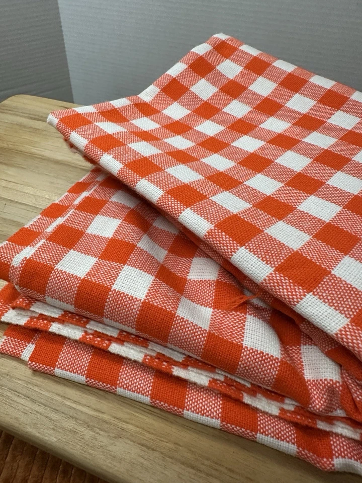 60x72” Fabric Geometric Checkered Vintage Gingham 80s Orange White Picnic - Image 2 of 4