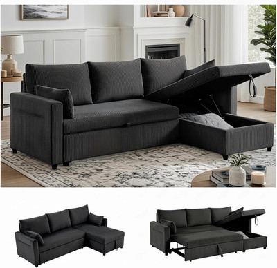 Convertible Queen Sleeper Sofa with Storage, L-Shaped Sectional Couch, Black