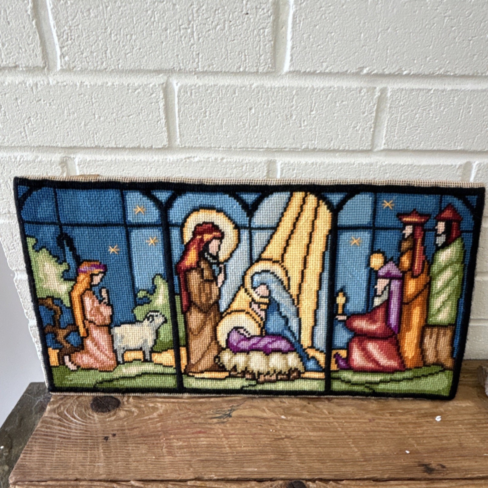 Vintage Handmade Framed Needlepoint - Nativity Scene Embroidery Panel