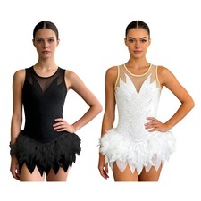 Women Rhinestone Dance Leotard Roller Skating Dress Faux Feather Samba Bodysuit