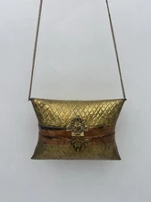 VTG Pillow Purse Evening Bag Brass & Copper 1930s Blue Velvet Lining Cushion 