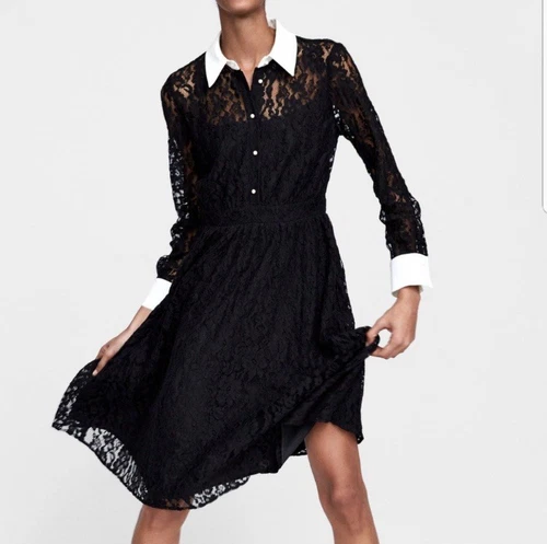 ZARA BASICS BLACK LACE & Pearl Button Whimsigoth Dark Academia Fairy Sz Small