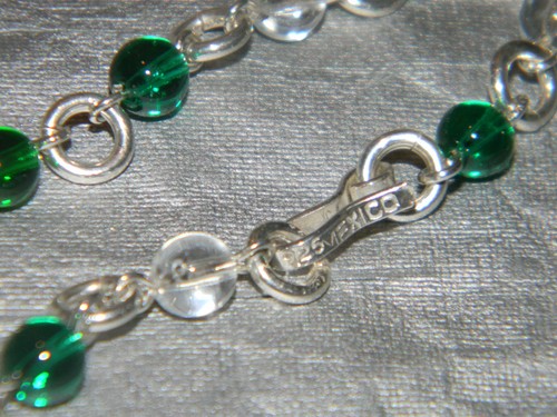 Massives 925 Sterling Silber Gliederarmband mit grün weißen Kristall runden Perlen B2503 - Bild 4 von 12