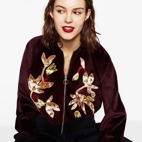 BNWT Zara Womens Burgundy Patchwork Velvet Bomber Jacket Small eBay