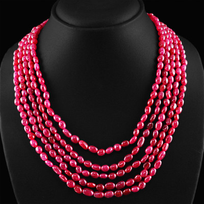 GENUINE 498.95 CTS EARTH MINED 5 STRAND RICH RED RUBY OVAL SHAPED BEADS NECKLACE