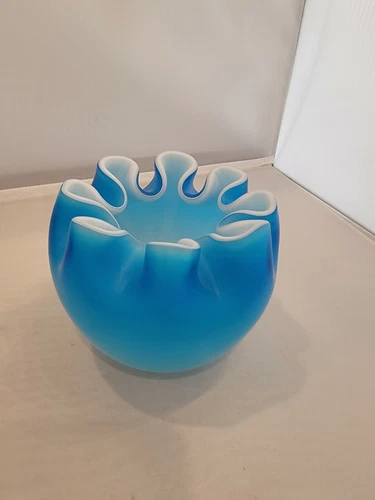 Vintage hand blown satin glass BLUE rose Bowl vase w/crimp pinch rim.