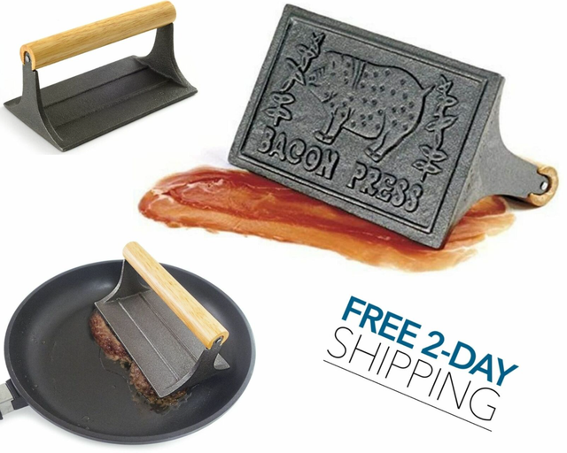 Cast Iron Hamburger Patty BBQ Grill Press Slotted With Wood Handle