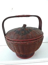 Antique Chinese 8" painted footed sewing basket with handle