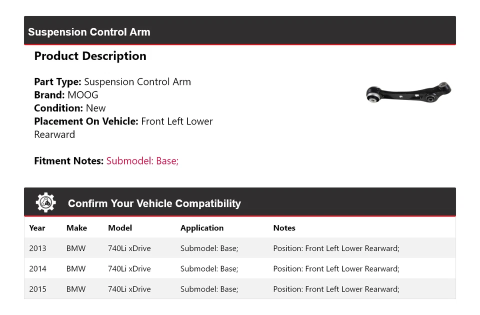 Brazo de control de suspensión MOOG 2013-2015 BMW 740Li xDrive 2013 2014 2015 Foto 2 de 4