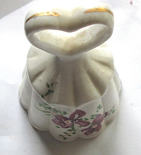 MINIATURE WHITE FLORAL PATTERN PORCELAIN HEART HANDLE BELL MARKED "FLORIDA",USED - Picture 3 of 4