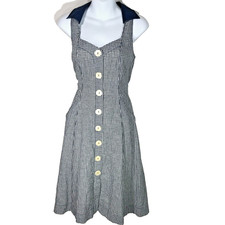 Antrhopologie 4 Dress Navy Blue Gingham Sleeveless Retro Collared Camellia