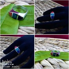 Handmade peruvian ring 950 silver Chrysocolla, Lapis, Red Spondylus Size 7