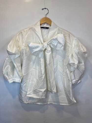 TOV Women's Size 40 White Bow Blouse Puff Balloon Sleeves Satin GUC**