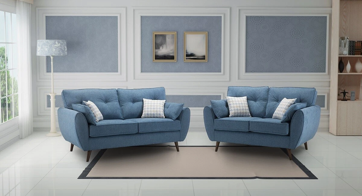 Classic Modern Blue Fabric 3 Seater 2 Seat Armchair Stools Sofa Suite Olivia 32