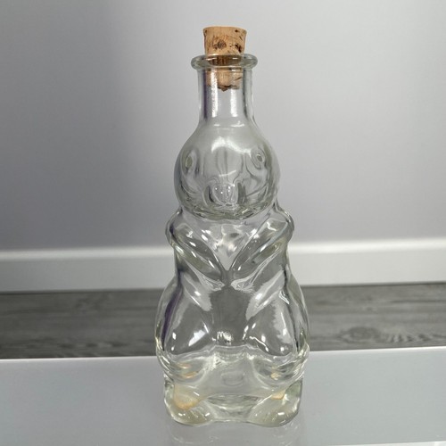Vintage Depose Kefla 6in Bunny Rabbit Clear Art Glass Bottle Jar with Cork