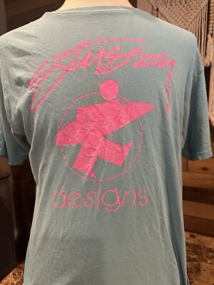 STUSSY 80's Vintage Mens Large Short Sleeve Pink/Teal T Shirt 2
